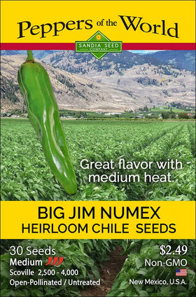 Sandia Seed Big Jim green chile seeds pack; heirloom variety for flavorful green chiles for rellenos.