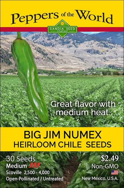 Sandia Seed Big Jim green chile seeds pack; heirloom variety for flavorful green chiles for rellenos.