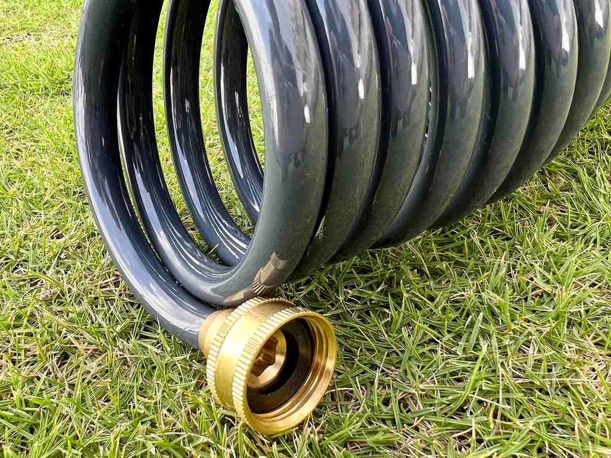 Sanfu PU Recoil Hose with 3/4in brass fittings for compatibility.