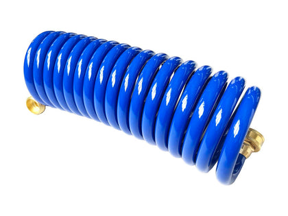 SANFU PU recoil hose in compact coil for boats and tight spaces.