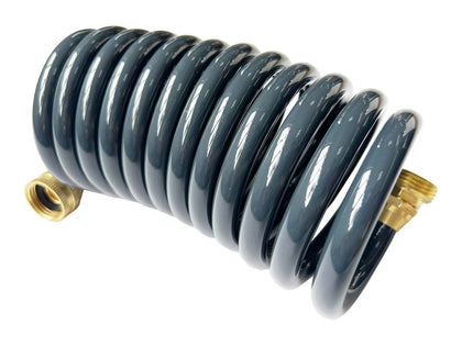 Sanfu PU Recoil Hose extended for easy watering with brass fittings.