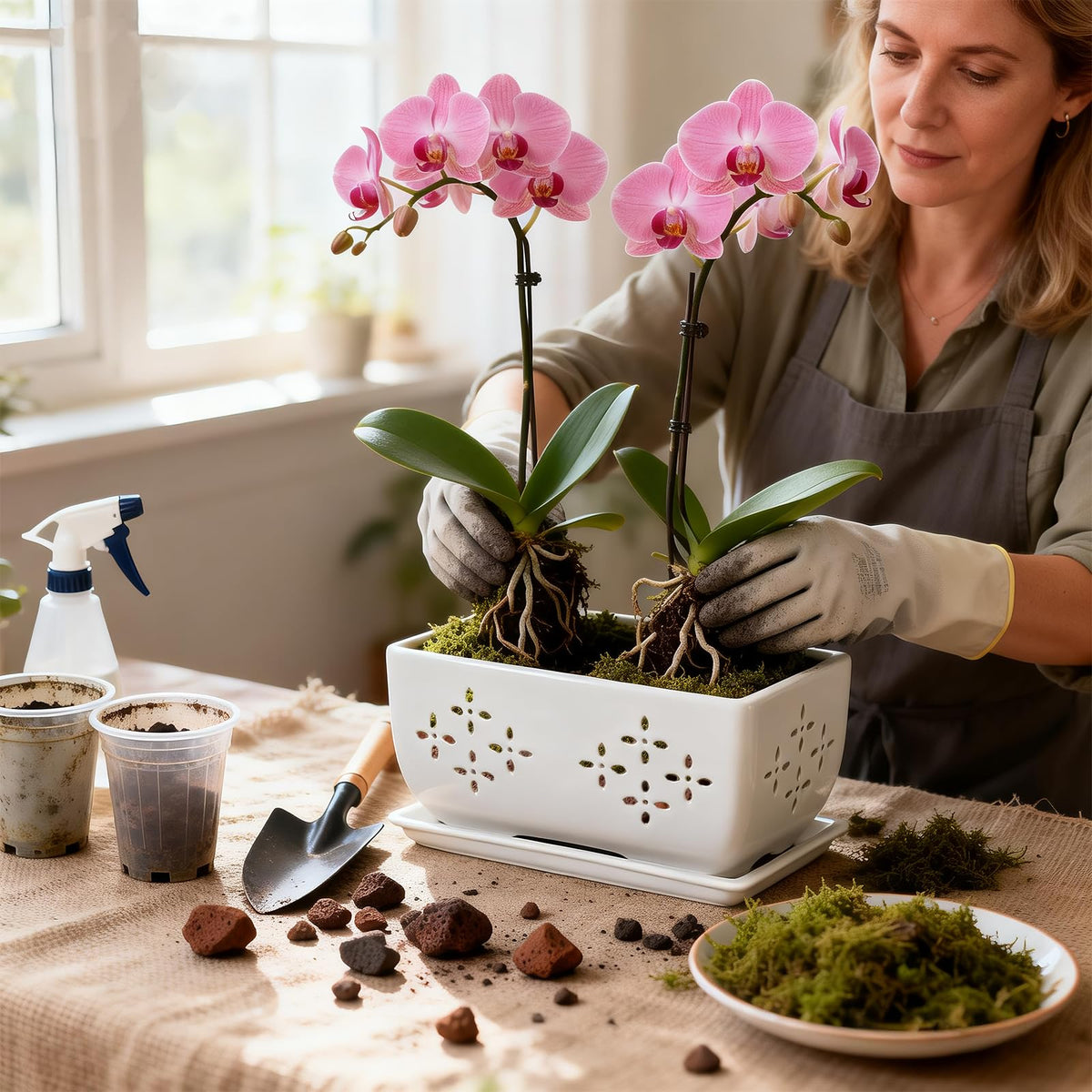 Sanmudecor ceramic tray catches excess water and protects surfaces.
