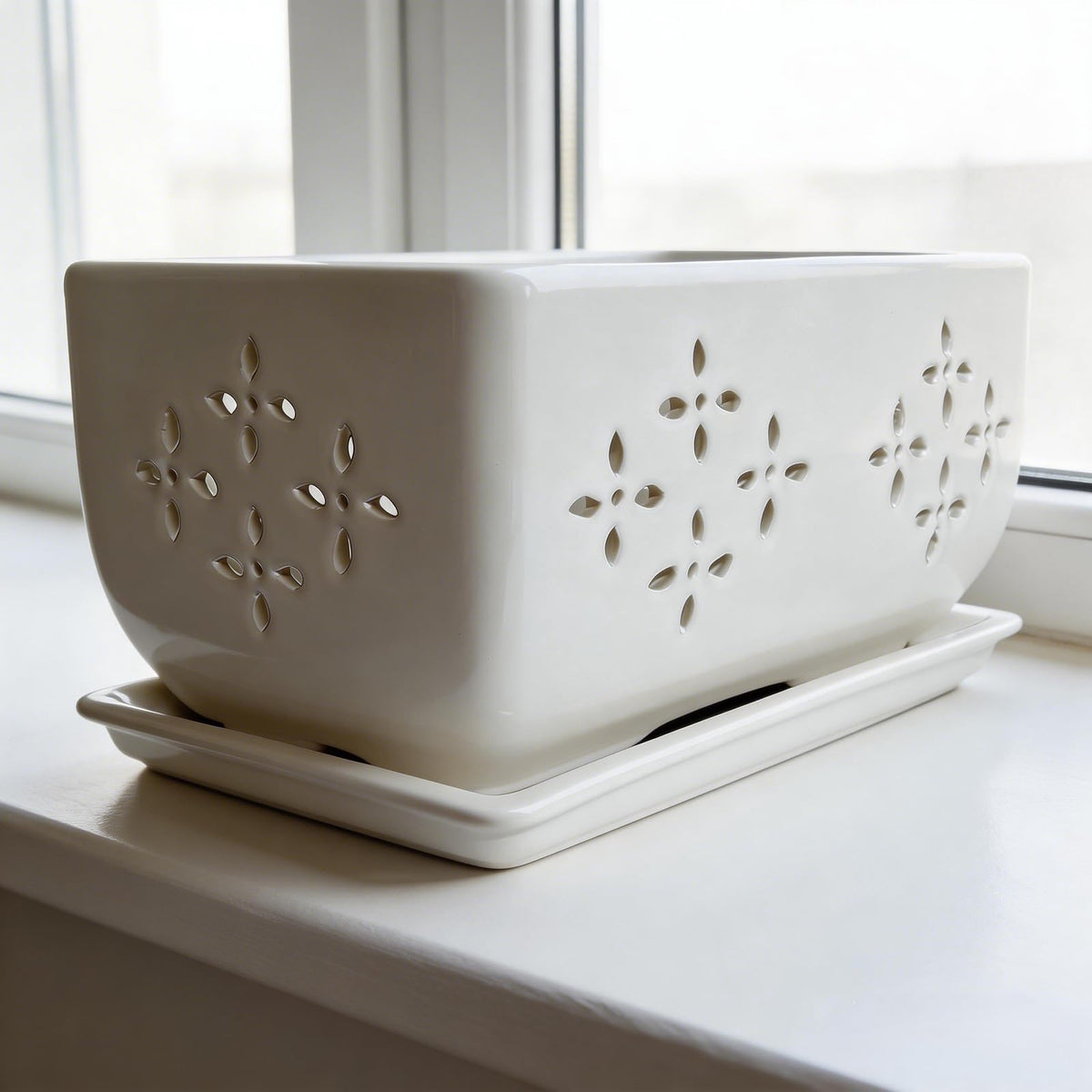 Sanmudecor rectangular white planter showcases cutouts for elegant indoor decor.