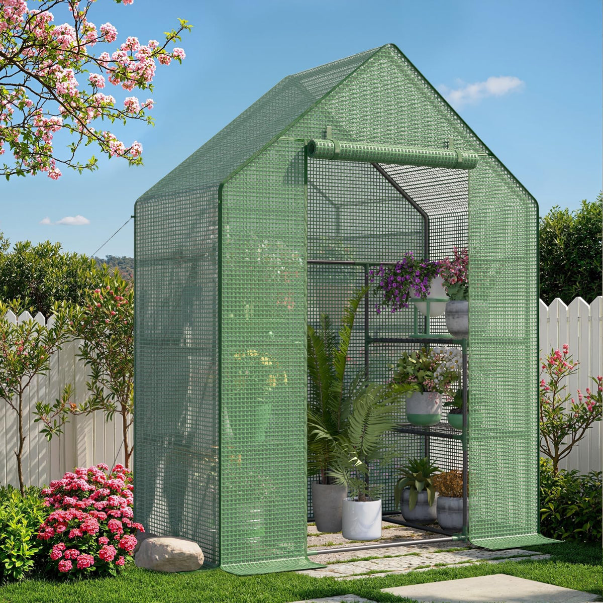 Sannwsg greenhouse front view showing spacious layout for easy plant access.