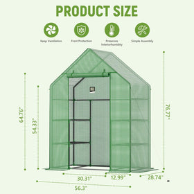 Sannwsg shelves detail showing organized space for trays and seedlings.