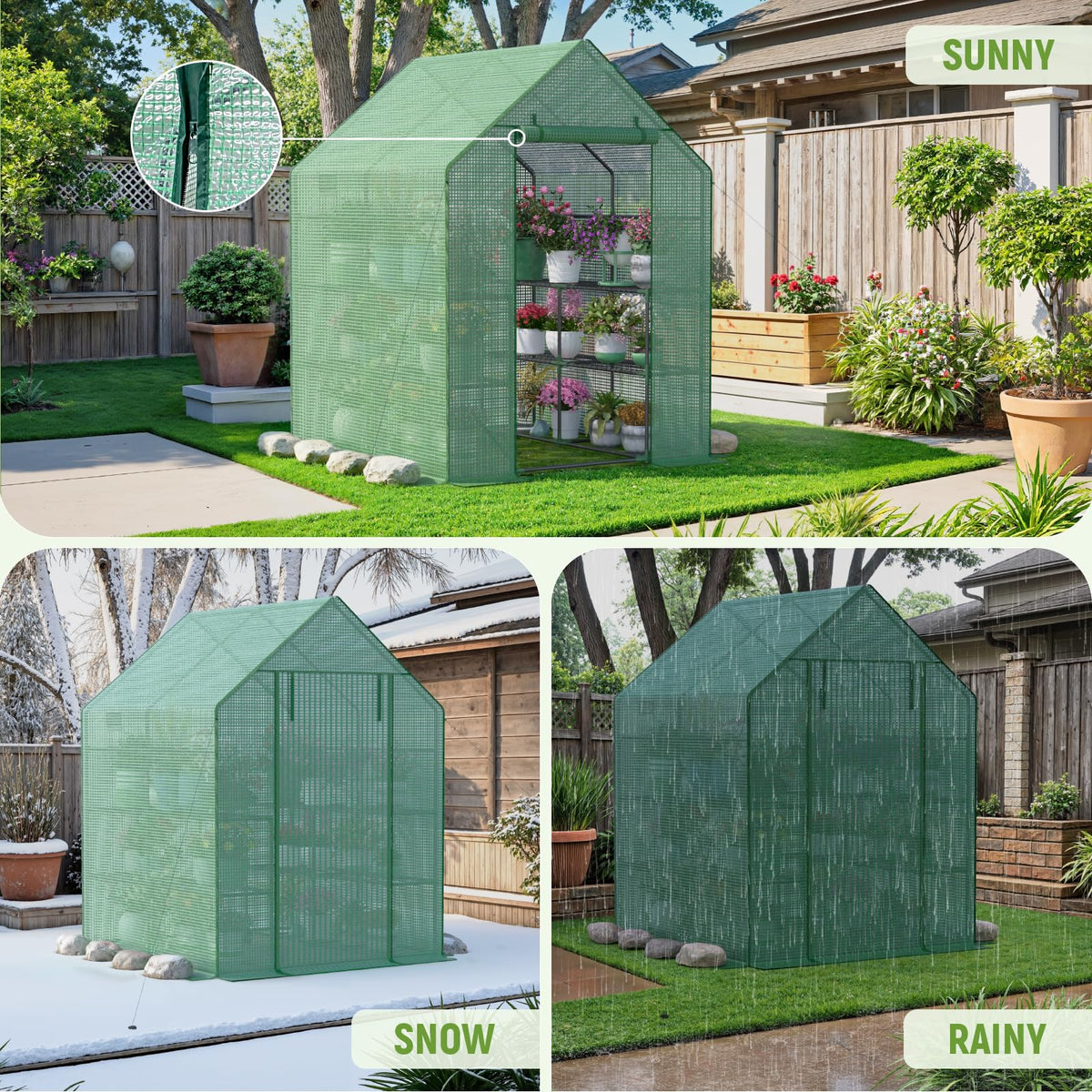 Sannwsg walk-in design with 17.5-inch shelf spacing for diverse plants.