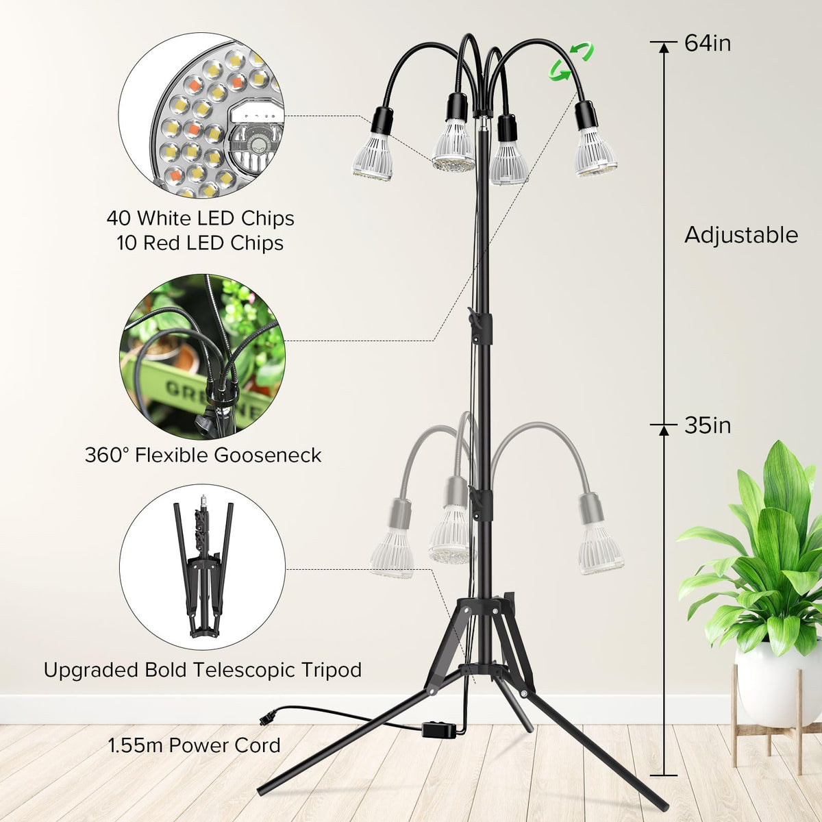 SANSI adjustable height floor stand from 35 to 64 inches for varied plant setups