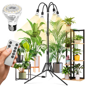 SANSI four-head dimmable grow light on tripod for versatile indoor gardening.