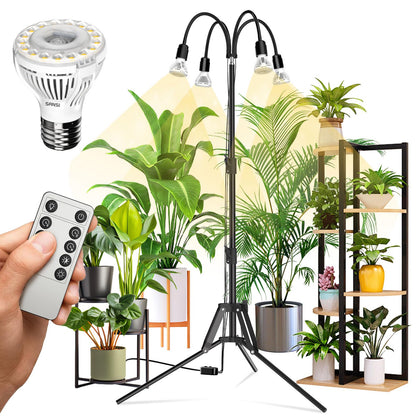 SANSI four-head dimmable grow light on tripod for versatile indoor gardening.