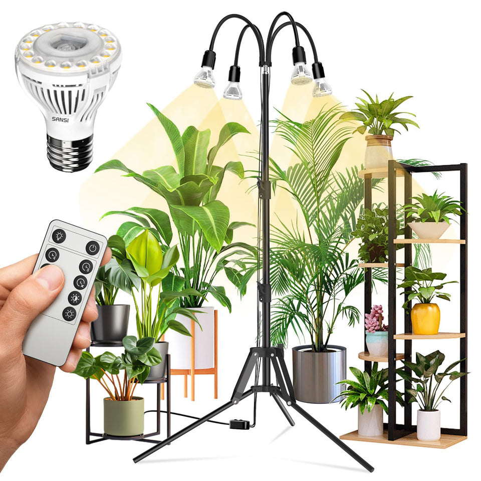 SANSI four-head dimmable grow light on tripod for versatile indoor gardening.