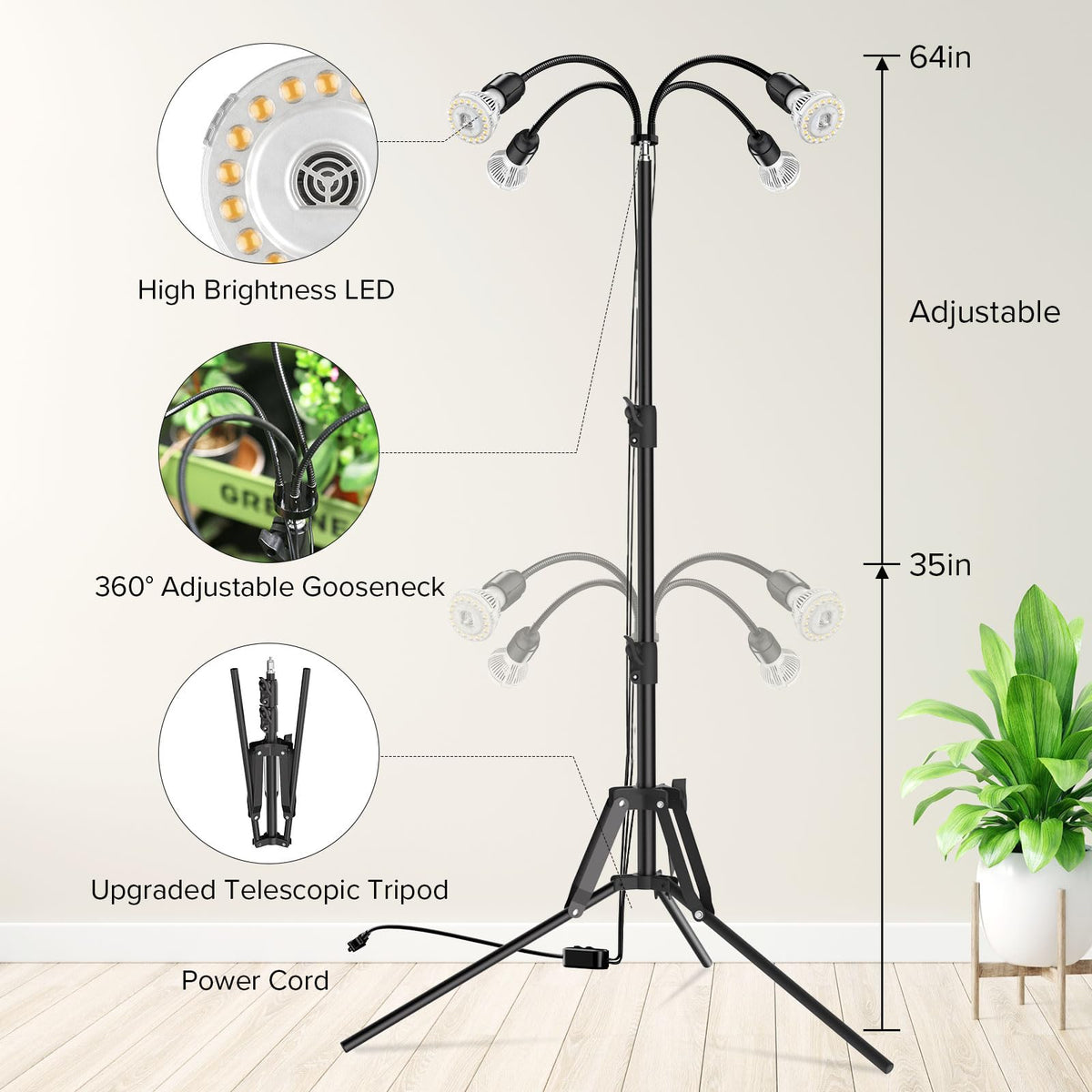 SANSI height-adjustable light range from 35 to 64 inches.