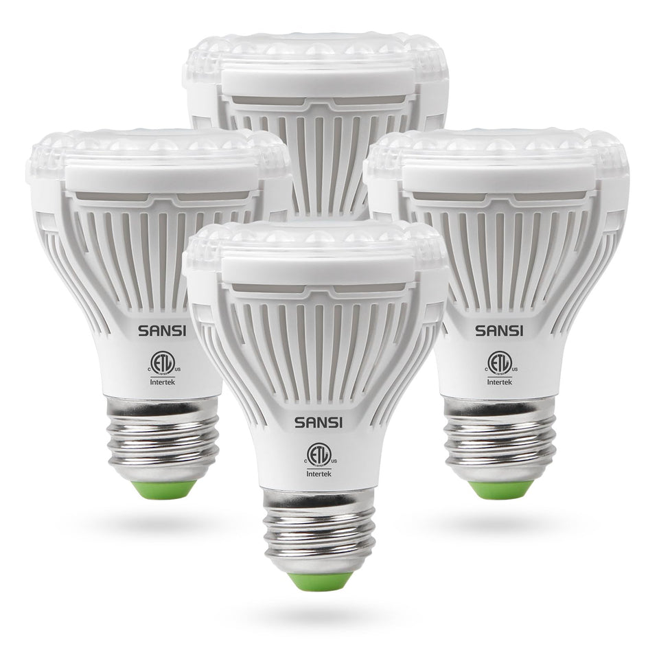 SANSI LED grow light bulb over seeds for robust germination and growth.