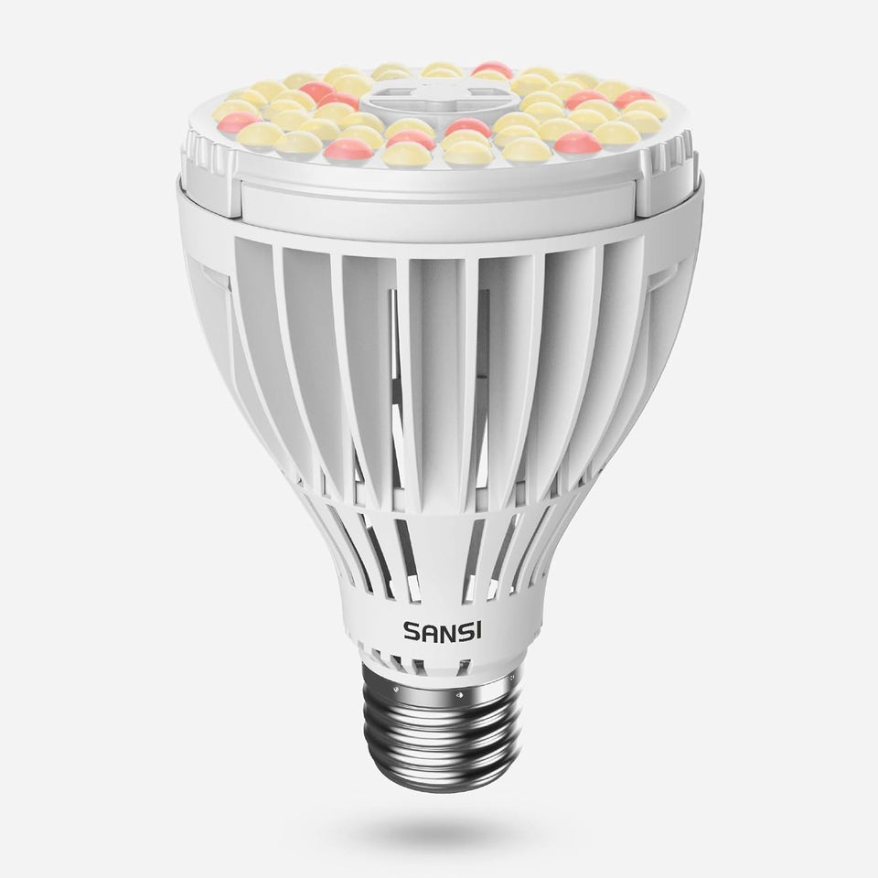 SANSI PAR25 grow light front view for indoor plant growth and spectrum coverage.