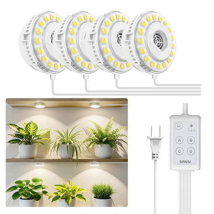 SANSI puck grow light four-head assembly delivering even coverage for indoor plants.