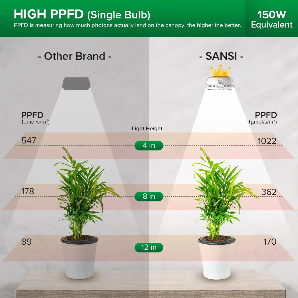 SANSI puck grow light in use on a plant shelf with even growth.