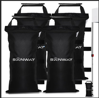 SANWAY 120-lb sand bags securing a canopy leg for wind stability