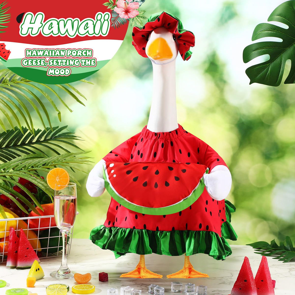 Sanwuta goose outfit with watermelon pillow and T shirt creates a cute lawn display.