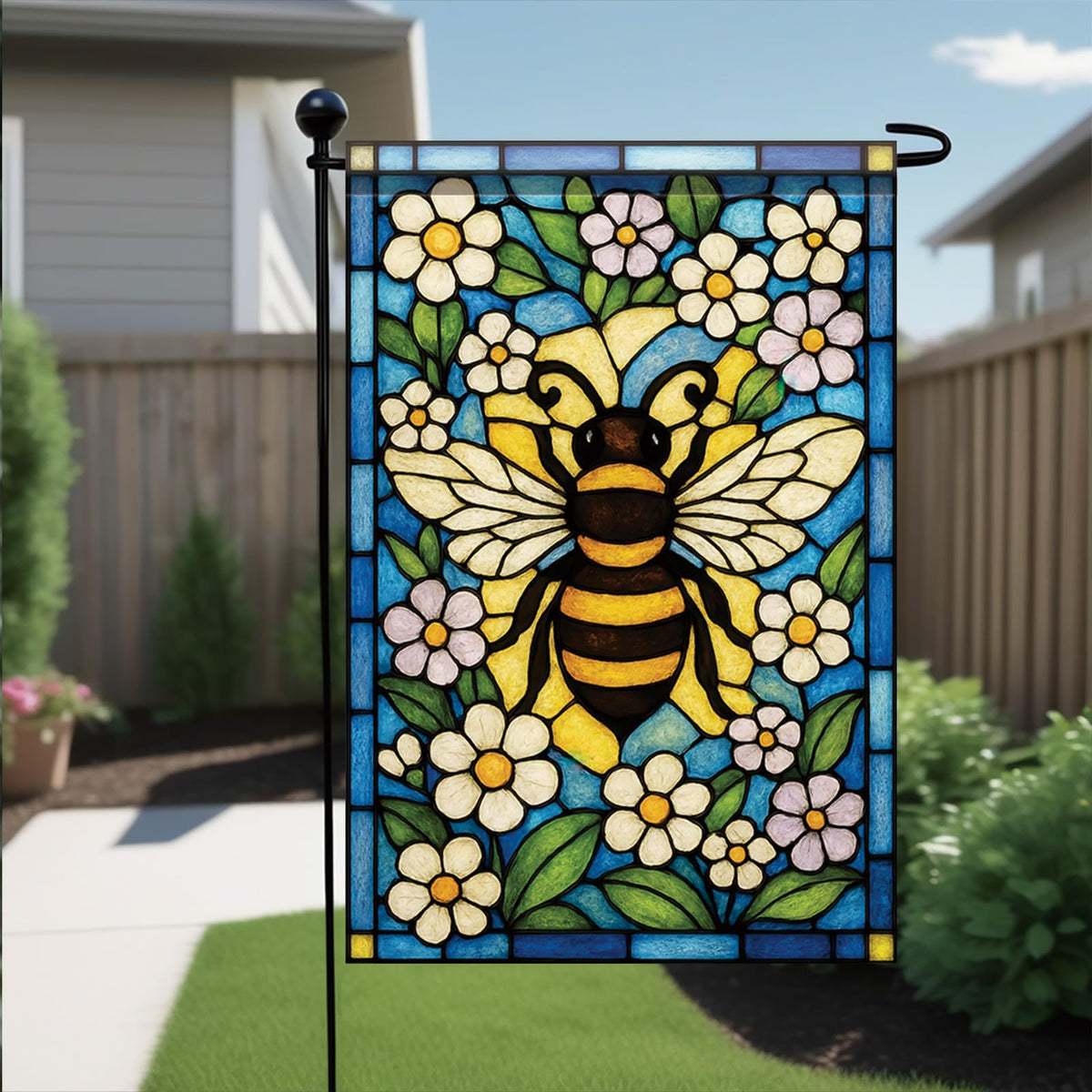 Saoplasa blue-toned bee art flag brightens lawns and walkways.