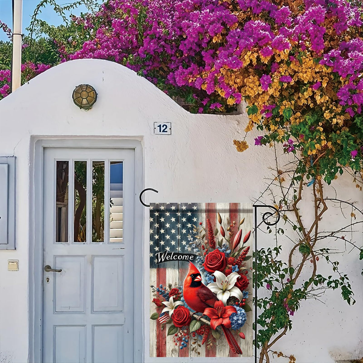 Saoplasa flag with roses and lilies adds vibrant color to gardens.