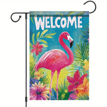 Saoplasa flamingo welcome flag on lush tropical foliage for yard display