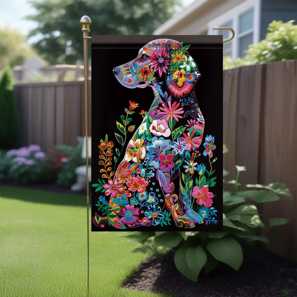 Saoplasa floral dog pattern on black flag highlights bright petals and decorative silhouette