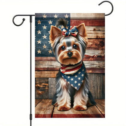 Saoplasa patriotic Yorkie garden flag on burlap, double-sided display.