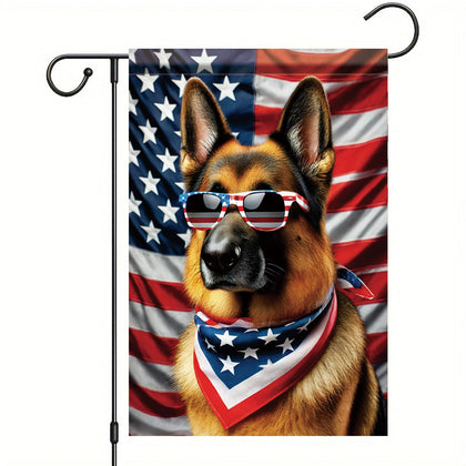 Saoplasa patriotic German Shepherd flag with USA sunglasses; ideal for outdoor decor.