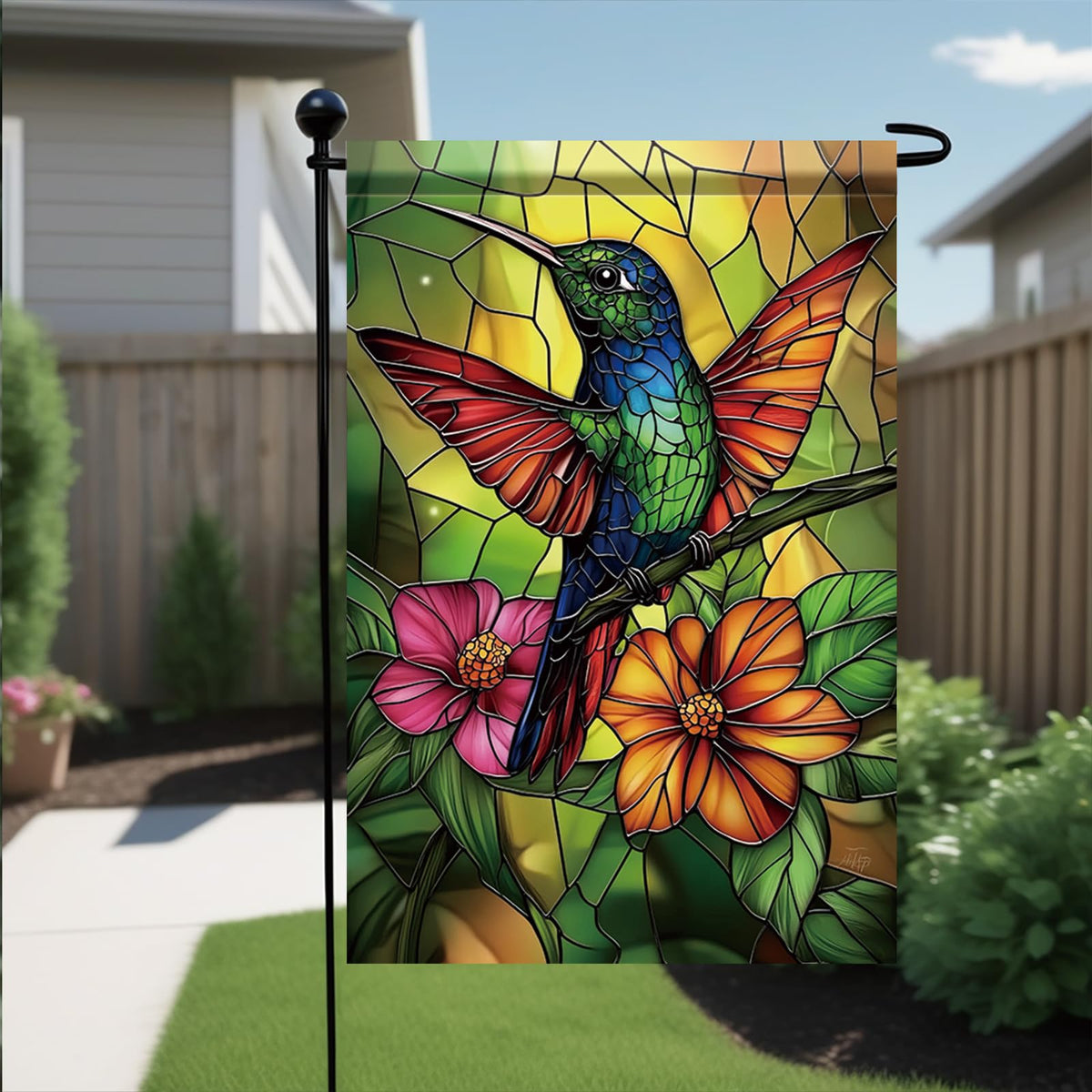 Saoplasa Starlit stained glass hummingbird flag on garden pole for year-round charm.