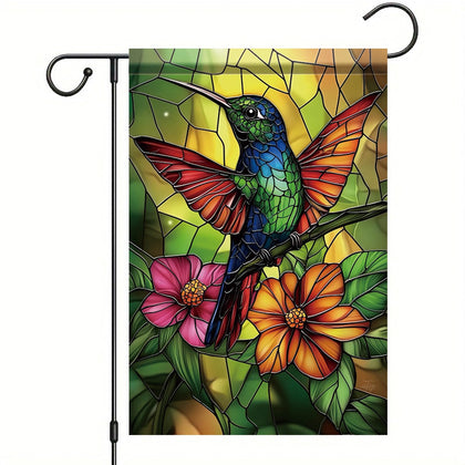 Saoplasa Starlit hummingbird flag front view with vibrant stained glass colors for outdoor decor.