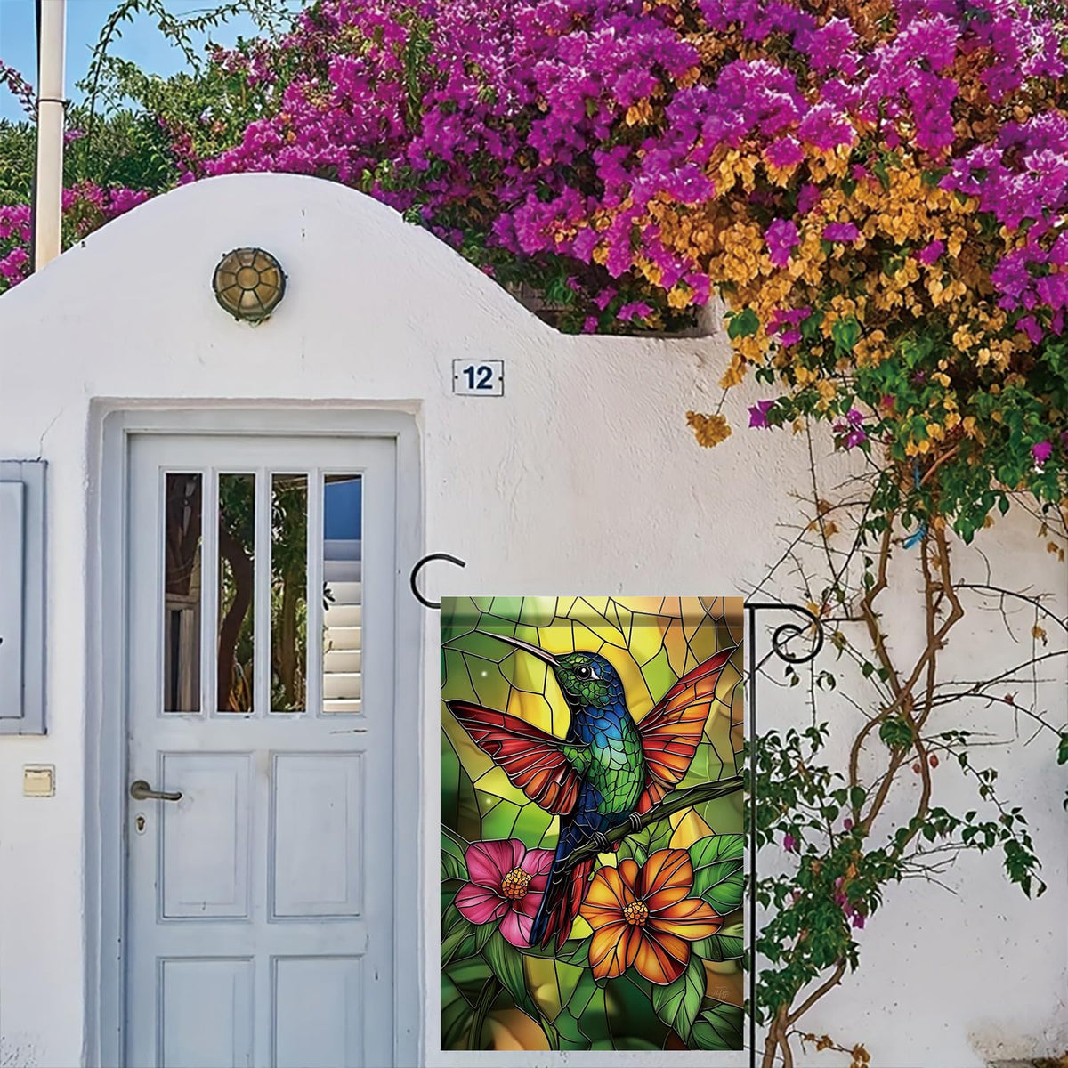 Saoplasa Starlit hummingbird flag on patio or deck for curb appeal.