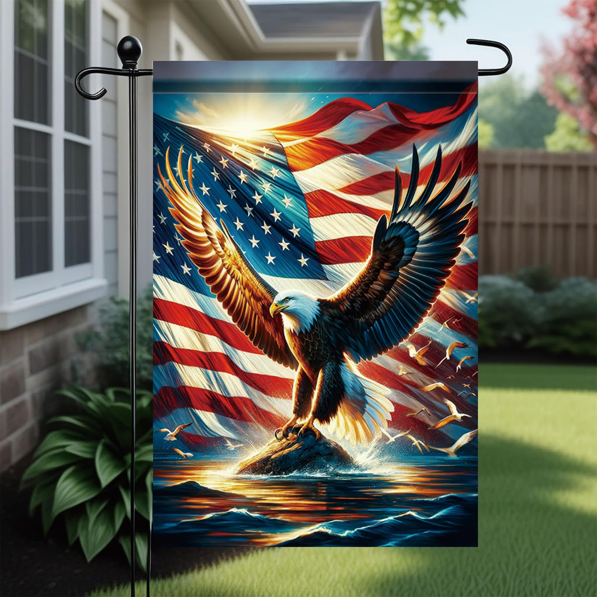 Saoplasa U.S. flag garden flag with patriotic design visible from all angles.