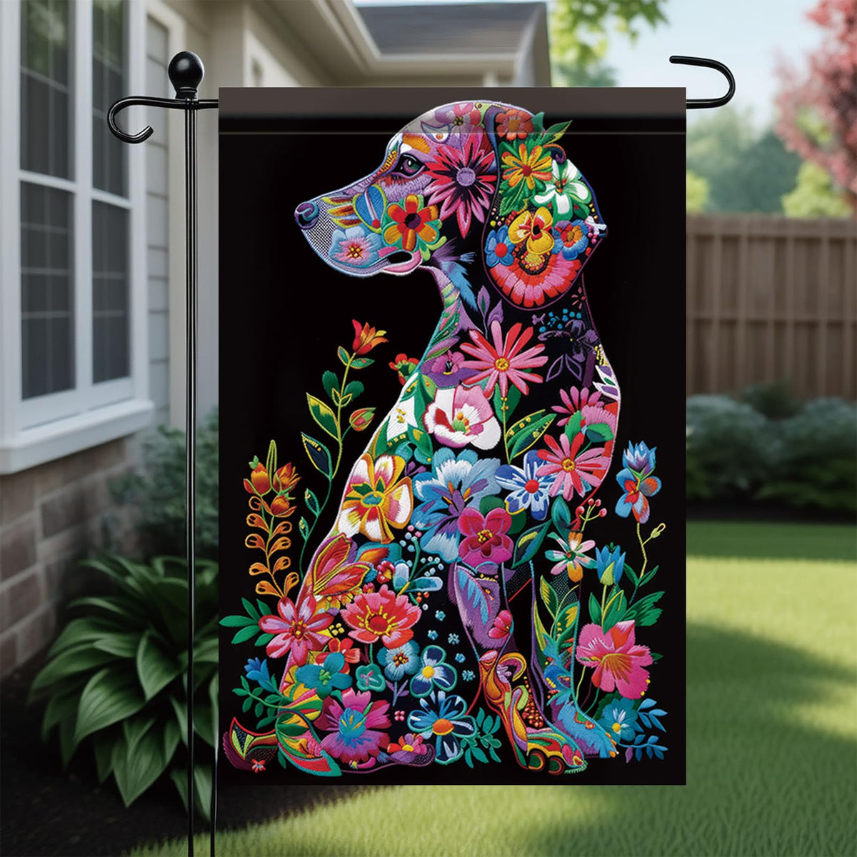 Saoplasa Welcome Spring Golden Retriever flag back view showing vibrant floral motif