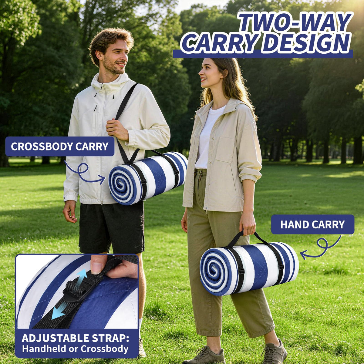 Sapsisel picnic blanket folded with carry strap for easy transport.
