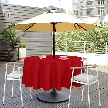 SARAFLORA 60-inch round red tablecloth with umbrella hole for easy outdoor dining.