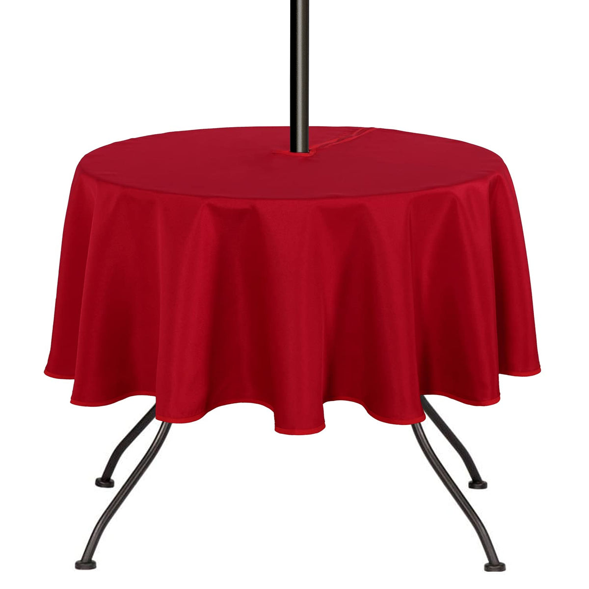 SARAFLORA 60-inch round red tablecloth showing zipper opening for quick setup.