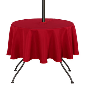 SARAFLORA 60-inch round red tablecloth showing zipper opening for quick setup.