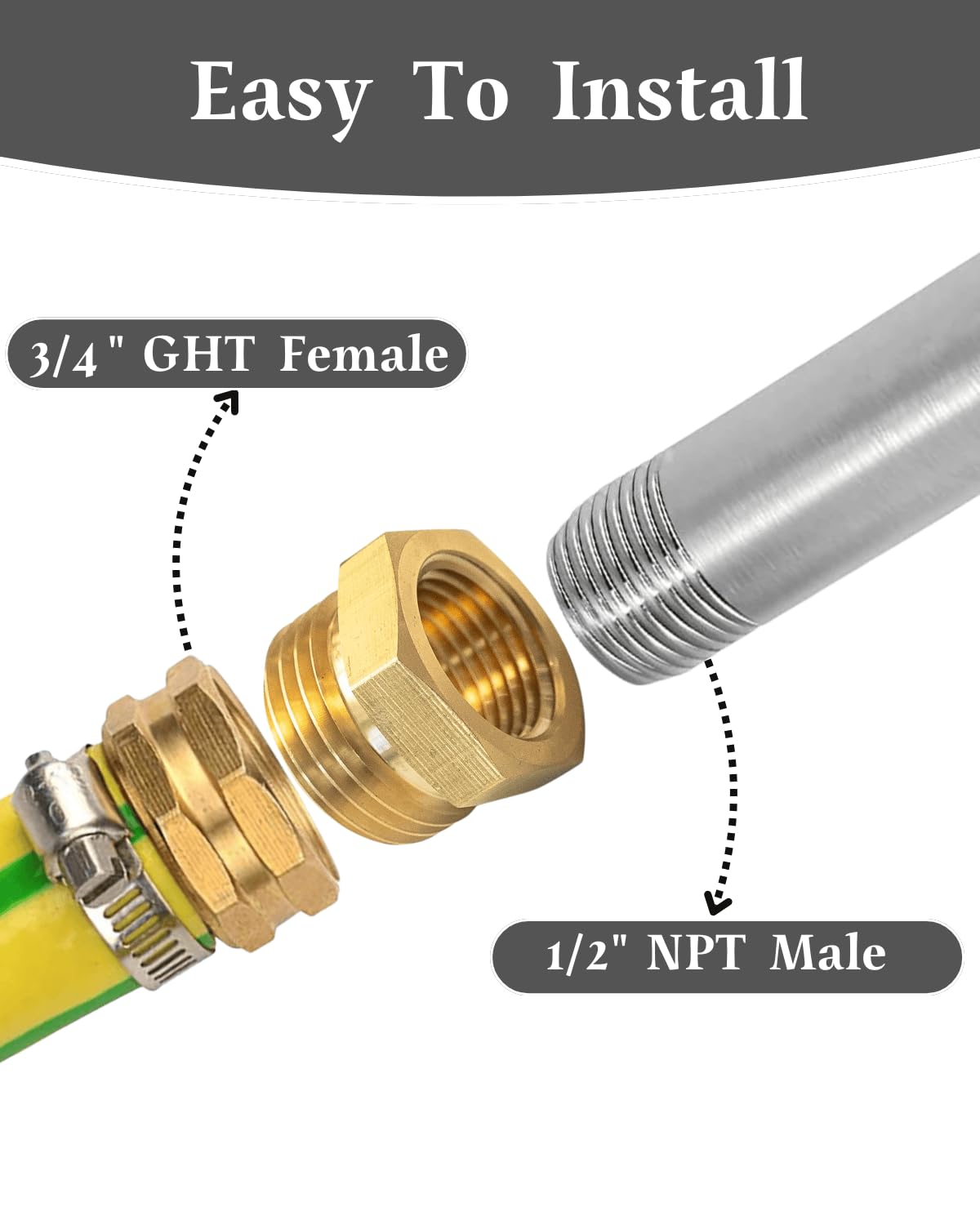 SARANICE brass NPT female to GHT male adapter in use with garden hose setup.