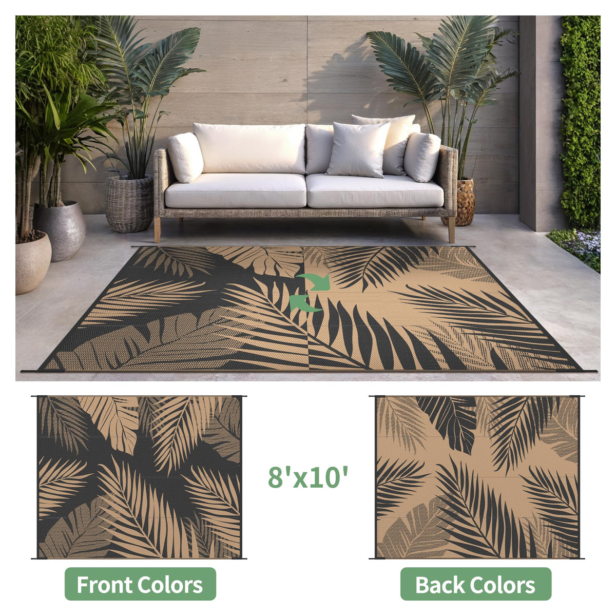 Sarben outdoor rug double-sided palm leaf pattern provides stylish indoor-outdoor versatility.