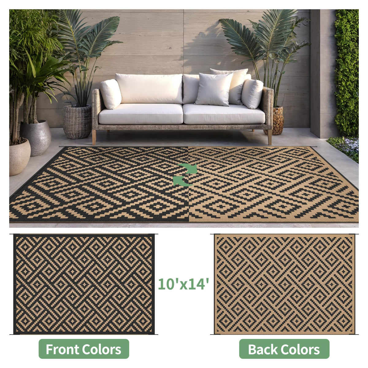 Sarben outdoor rug with reversible geometric pattern for quick style refresh.