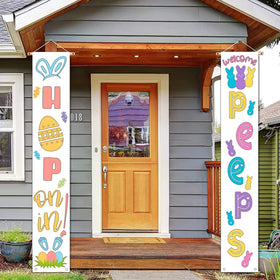 Sarybei bunny-eggs design banner adds playful porch charm.
