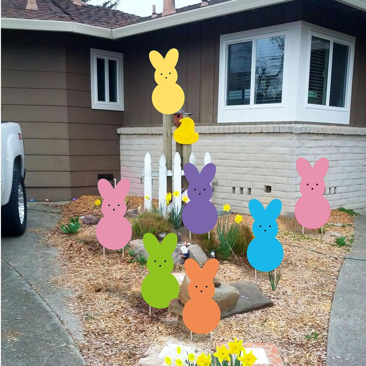 Sarybei Easter yard bunny peeps stake, driveway sign, easy two-stake setup.