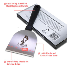 Sasquash Grill Scraper beveled edge slides under food for cleaner scraping.