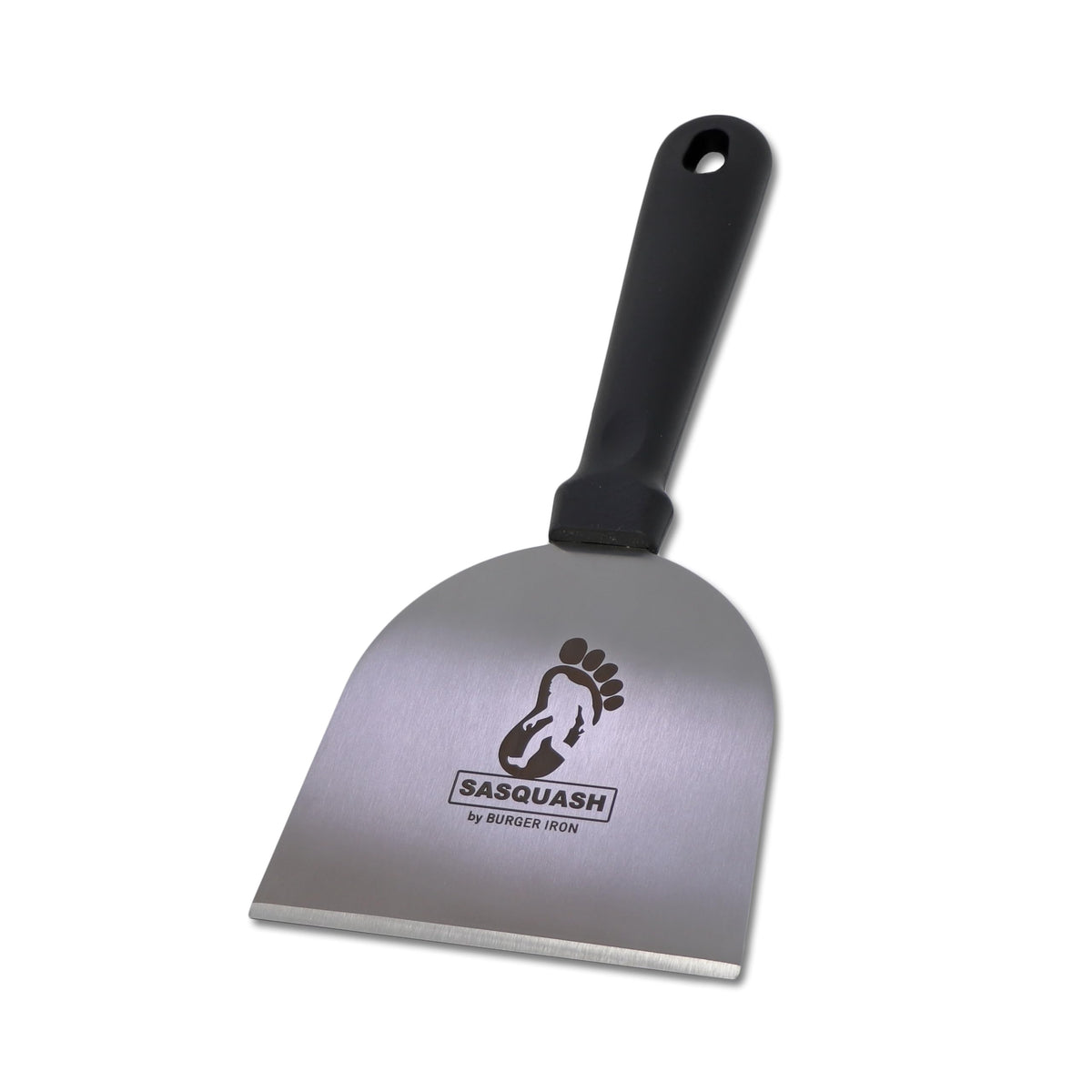 Sasquash Grill Scraper wide face helps lift burgers and clean the griddle surface.