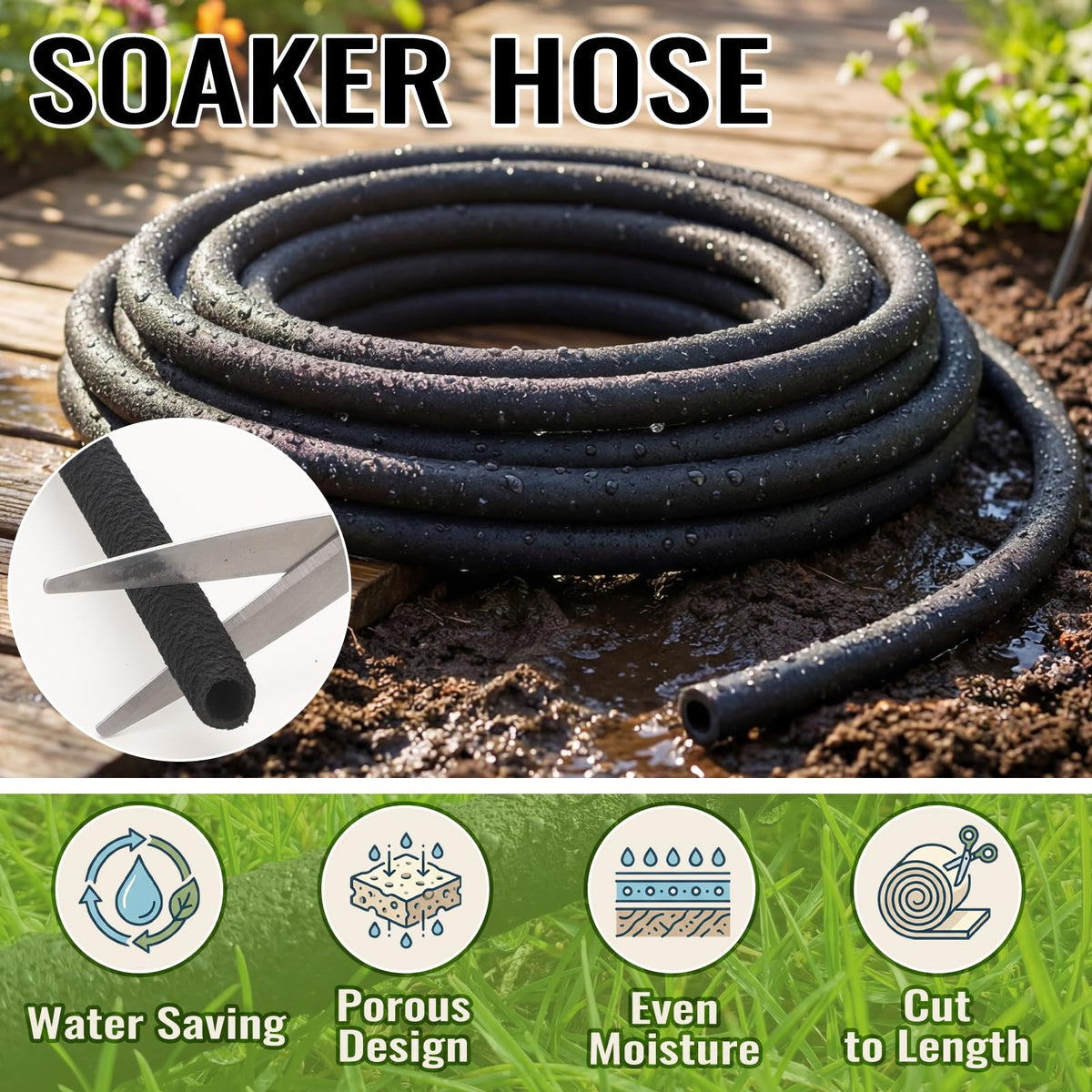 Sasylvia outdoor garden soaker hose in a landscaped yard
