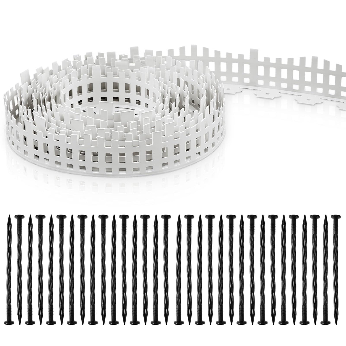 Sasylvia white picket fence roll outlining a garden border with a clean, durable look.