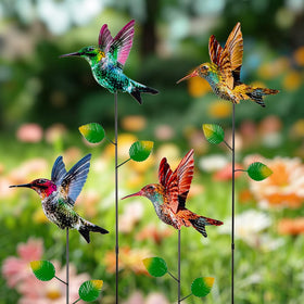 SATHGA hummingbird stake emphasizes durable metal construction for outdoors.