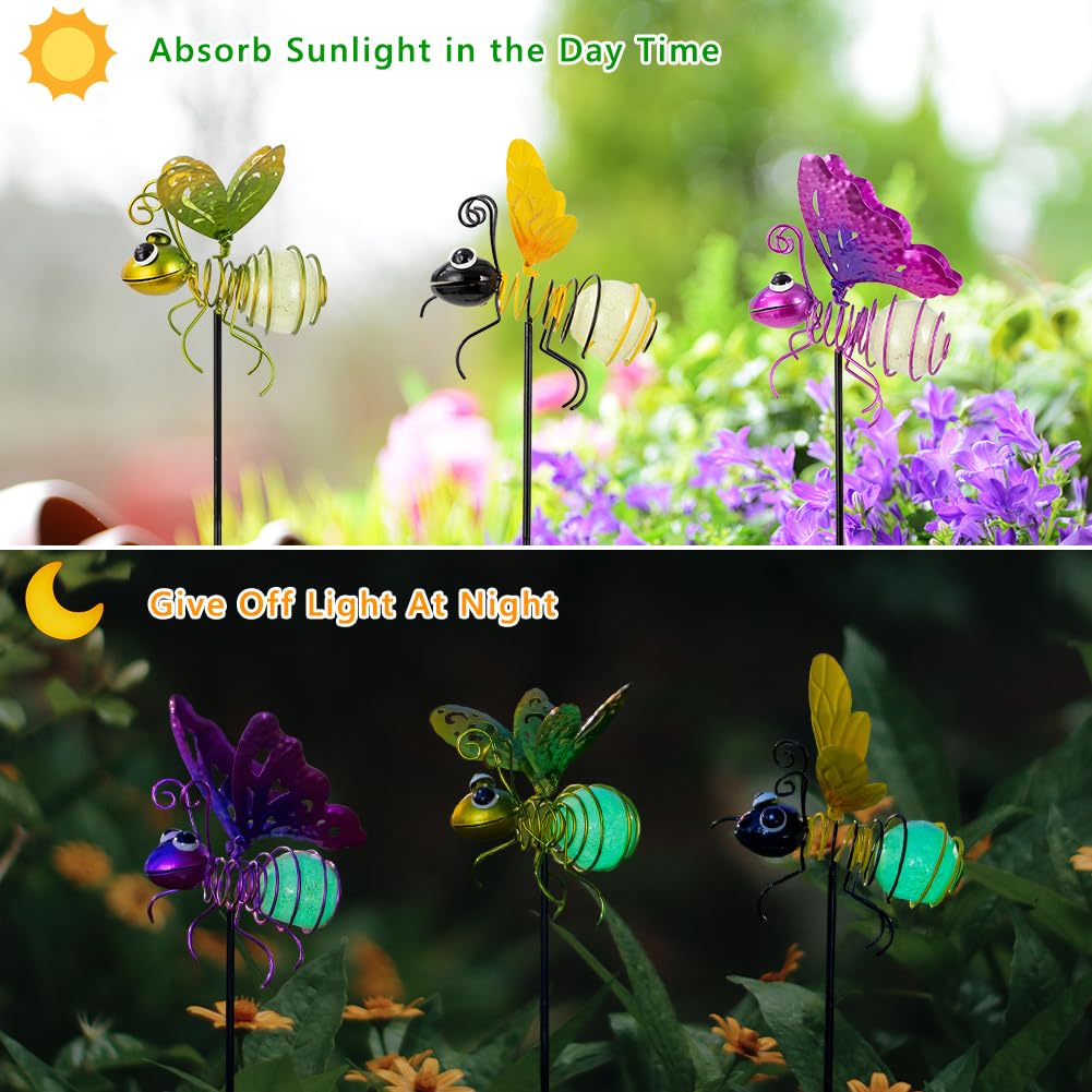 SATHGA metal yard art bee-light stake withstands weather for durable outdoor decor.