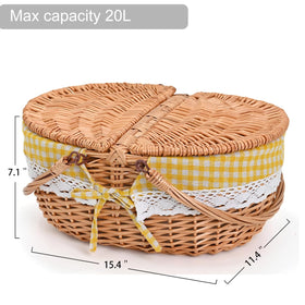 SatisInside large wicker picnic basket with dual-entry lids creates a level serving area.