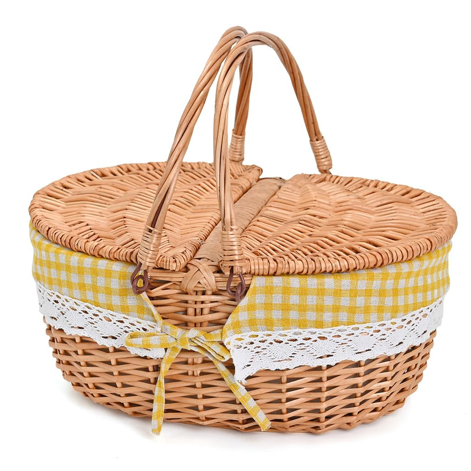 SatisInside large wicker picnic basket with lid open for outdoor meals.