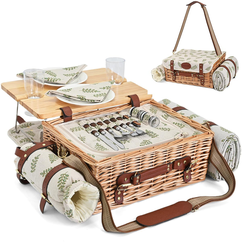 SatisInside leaf picnic basket for two with insulated interior keeps snacks fresh